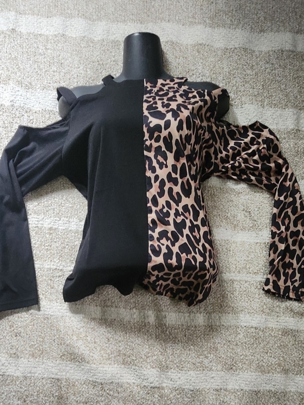 SHEIN Black and Brown Leopard Cold-Shoulder Long Sleeve Top